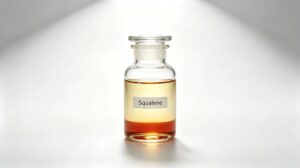 Plant based squalene clear oily liquid raw material in glass reagent bottle