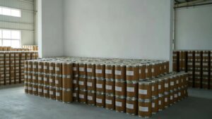 Bulk stock of aluminum glycinate 25kg fiber drums in factory warehouse, ready for global sea export shipment