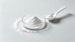 High purity 99% aluminum glycinate white powder sample in laboratory dish, fine chemical raw material CAS 13682-92-3