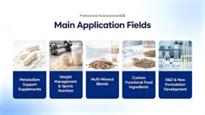 Main application fields of Chromium Glycinate raw material, real photos for metabolism supplements, sports nutrition, multi-mineral blends, functional food and lab formulation