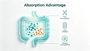 Ferrous Bisglycinate intestinal absorption diagram, high bioavailability, low gastrointestinal irritation, multi-mineral compatibility iron chelate