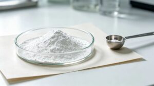High purity soybean phytosterol fine white powder in glass petri dish, food grade raw material close-up