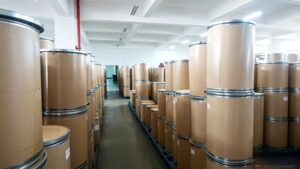 Modern warehouse storage of packaged Potassium L-Aspartate, bulk inventory prepared for international export 
