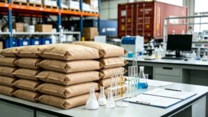 Factory warehouse and laboratory scene of bulk Sodium L-aspartate powder, quality inspection and international export service for food raw materials