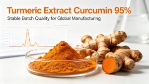 Turmeric Extract Curcumin 95% factory lab header image, HPLC standardized orange curcumin powder, GMP botanical raw material for supplement food cosmetic feed sourcing