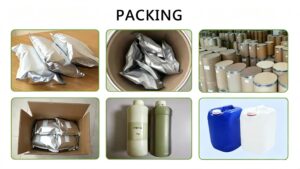Multiple export packaging of Alginate Oligosaccharide AOS, 1kg foil bag, 25kg fiber drum, plastic jerry can bulk packing for global shipment