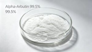 99.5% Alpha-Arbutin white crystalline powder in glass petri dish, high purity cosmetic whitening raw material, skincare spot fading ingredient factory bulk supply