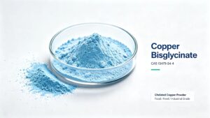 Light sky blue Copper Bisglycinate fine powder in petri dish, CAS 13479-54-4 chelated copper raw material for food feed cosmetic industry