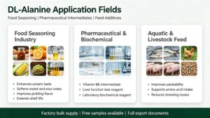  DL-Alanine CAS 302-72-7 application fields infographic, real photos display food seasoning industry, pharmaceutical biochemical raw materials, aquatic livestock feed additive, factory bulk supply amino acid for global buyers