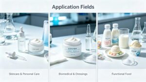 16:9 banner showing three application fields of Glucosylglycerol: skincare personal care, biomedical cosmeceutical dressings, functional food additives