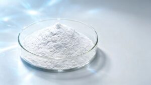 16:9 close-up banner of high purity Glucosylglycerol Glycoin powder, 2-α active configuration skincare raw material laboratory sample