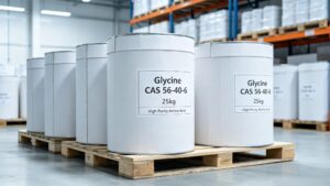 Factory warehouse real shot of 25kg fiber drum Glycine, standard neutral packaging for cross-border ocean export