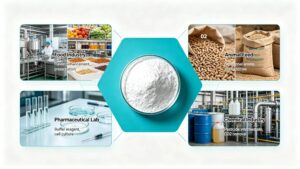 Global application infographic of Glycine for food flavoring, feed additives, pharmaceutical biochemistry & pesticide chemical raw materials