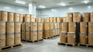 GMP clean constant temperature warehouse bulk stock of Magnesium Taurine fiber drums, food grade chelated magnesium raw material mass inventory for overseas bulk export