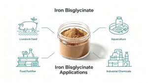 Iron Bisglycinate application infographic for pig feed, aquaculture, functional food & chemical industry