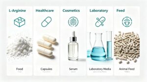 L-Arginine multi-industry application for food, healthcare, cosmetics, lab research and animal feed