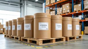 Bulk stock of L-Cysteine CAS 52-90-4, standard 25kg fiber drum export packaging suitable for global ocean transportation