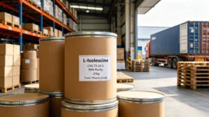 25kg neutral fiber drum packaging L-Isoleucine, factory warehouse bulk stock, full container export for global B2B buyers