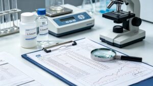 L-Leucine laboratory test scene with COA certificate, microscope and lab equipment, quality inspection for food & pharma grade amino acid