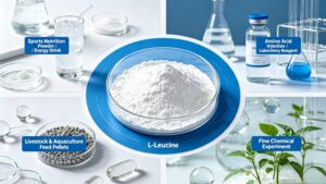 Collage of L-Leucine multiple applications: sports nutrition drinks, pharmaceutical injections, livestock feed pellets, agricultural fine chemical research
