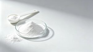 99% L-Theanine powder sample in glass petri dish, water soluble dietary supplement raw material