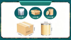 Export packaging options for L-Theanine powder, 1kg aluminum bag, 10kg carton, 25kg fiber drum