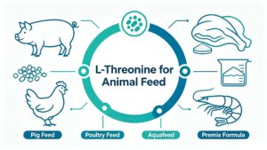 L-Threonine application infographic for pig feed, poultry feed, aquafeed and premix formula