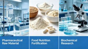 :L-Tyrosine industrial application collage: pharmaceutical API, dietary supplement, food fortification, biochemical cell culture raw material