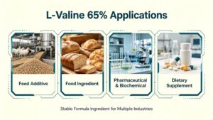  L-Valine 65% application infographic for feed, food, pharmaceutical industry