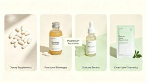 Application diagram of Magnesium Ascorbate for dietary supplements, functional drinks, skincare serums, clean label cosmetics