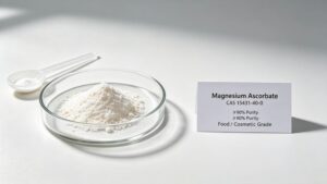 White crystalline powder Magnesium Ascorbate CAS 15431-40-0, food cosmetic grade raw material close-up, pure white background