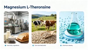 Multi-industry application display of Magnesium L-Threonine chelated magnesium for food nutrition fortifier, livestock feed additive, plastic chemical industrial raw materials