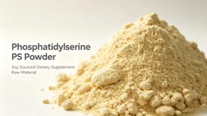 Close-up of soy phosphatidylserine PS powder, high purity raw material for brain health supplement formula