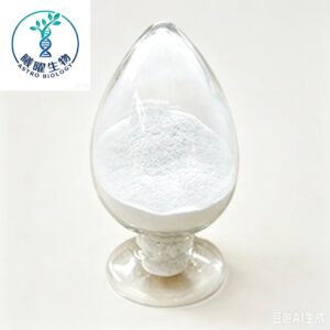 High purity Zinc L-Methionine fine free-flowing white powder in lab glass container, feed additive raw material close-up