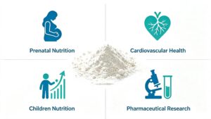 Infographic showing four main application fields of L-5-Methyltetrahydrofolate Calcium: prenatal nutrition, cardiovascular health, children nutrition, pharmaceutical research