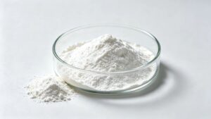 Lab sample white fine powder L-5-Methyltetrahydrofolate Calcium placed in transparent petri dish, stable soluble active folic acid raw material