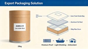 25kg sealed fiber drum export packaging for AAKG 2:1, moisture-proof packing suitable for long-distance ocean shipping, bulk dietary supplement raw material package