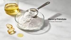  Ascorbyl Palmitate white powder in glass petri dish, oil soluble antioxidant raw material for food, cosmetics and dietary supplements
