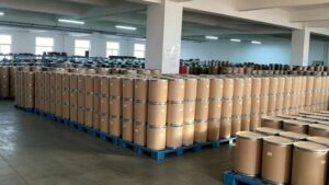 Fiber drums of Ascorbyl Palmitate stocked in factory warehouse for bulk export