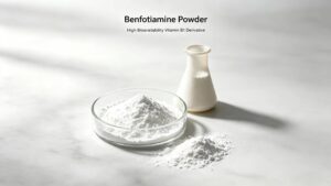 Benfotiamine powder in petri dish, high bioavailability Vitamin B1 derivative for health supplements