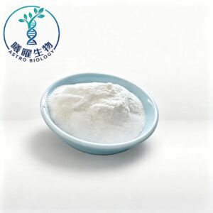 Benfotiamine white crystalline powder in ceramic bowl, supplement grade Vitamin B1 derivative raw material