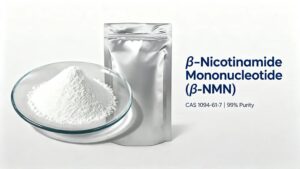Beta NMN 99% high purity white crystalline powder, dietary supplement raw material, displayed in glass dish with sealed aluminum foil bag, factory export grade