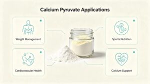 Calcium Pyruvate CAS 52009-14-0 application infographic for weight management, sports nutrition, cardiovascular health and calcium supplement raw materials