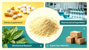 16:9 banner of fine flour-like yellow DL Alpha Lipoic Acid raw powder, composite collage showing 4 application fields: dietary supplement capsules tablets, pharmaceutical lab glassware, plant biochemical research, export carton packaging, plant extract API raw material supplier for dietary supplements and pharma ingredients