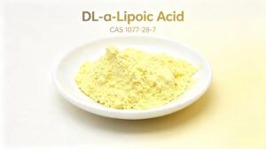16:9 close-up detail shot of ultra-fine flour-like yellow DL Alpha Lipoic Acid powder on clean white ceramic plate, pure raw material for health supplements, smooth fine powder texture, off-white gradient background