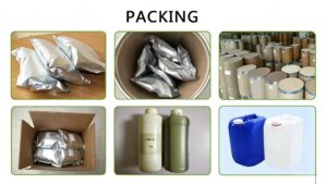 16:9 packaging collage banner for DL Alpha Lipoic Acid raw powder, 6 kinds of export packing: aluminum foil bags, drum inner foil bag, carton packed foil bags, bulk fiber drums, plastic liquid bottles, blue white jerry cans, bulk raw material export package display
