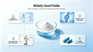 Infographic of application fields for Fish Collagen Peptide, dietary supplements, bone joint nutrition, cosmetic raw materials and health formulations