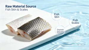 Raw material source of Fish Collagen Peptide, fresh fish skin and scales, enzymatic hydrolysis and purification production process