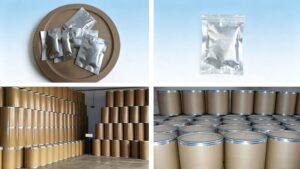 Sample foil bags and 25kg fiber drum packaging of Fish Collagen Peptide, warehouse storage, bulk supply for global buyers