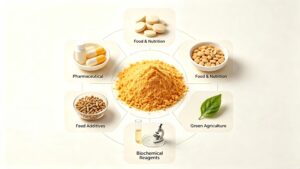 16:9 real-photo application infographic of FMN-Na riboflavin phosphate sodium dihydrate orange-yellow powder, 5 industry uses: Pharmaceutical, Food & Nutrition, Feed Additives, Green Agriculture, Biochemical Reagents, B2B raw material introduction chart